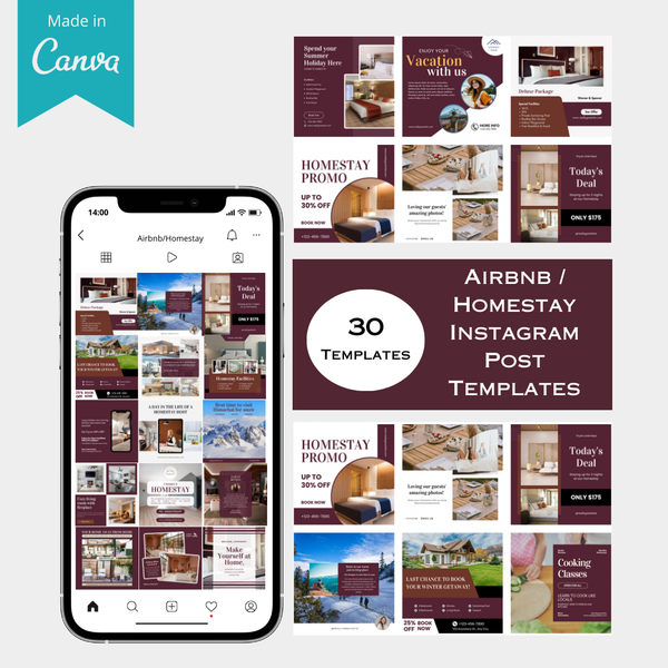 30 Airbnb/Homestay Instagram Post Templates - Canva Editable