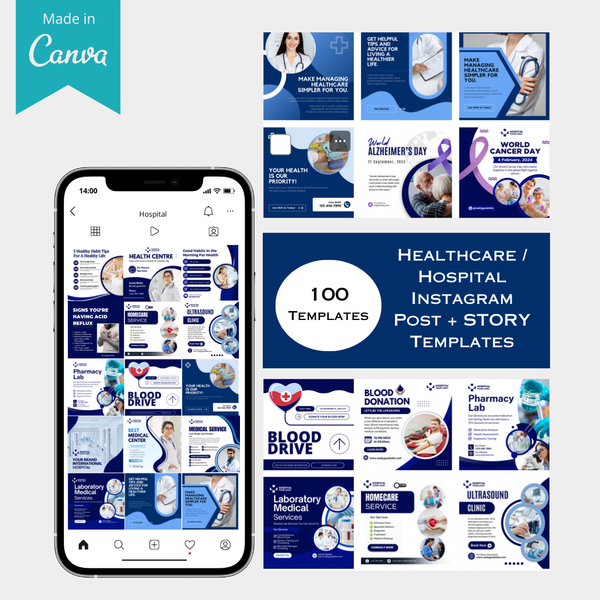 100 Healthcare/Hospital Instagram Post & Story Canva Templates