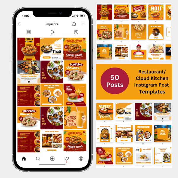 50 Restaurant/Cloud Kitchen Canva Editable Instagram Post Templates