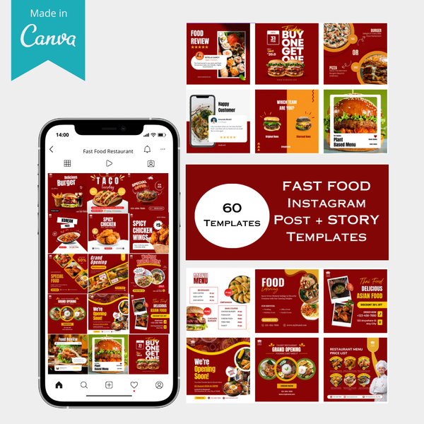 60 Fast Food Instagram Post + Story Canva Editable Templates